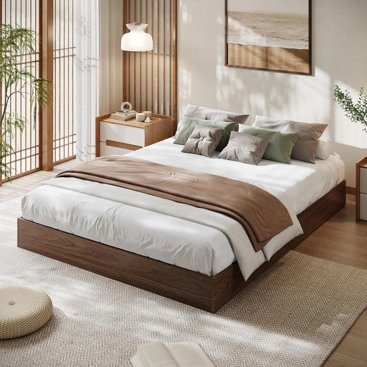 Solid Wood Platform Bed with Sturdy Wooden Slats, California King Size Floor-Standing Bed Frame, Modern Minimalist Design Bed Frame, No Box Spring Needed, Easy Assembly