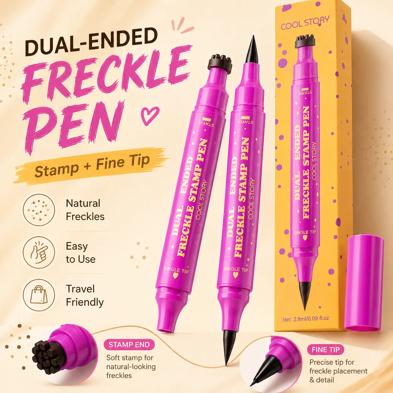 Dual-Ended Faux Freckle Pen, Freckle Stamp and Fine Tip Makeup Pen for Natural-Looking Face Makeup, Easy Freckle Look for Daily Wear, Party, Festival and Photo Makeup, SummerVibes