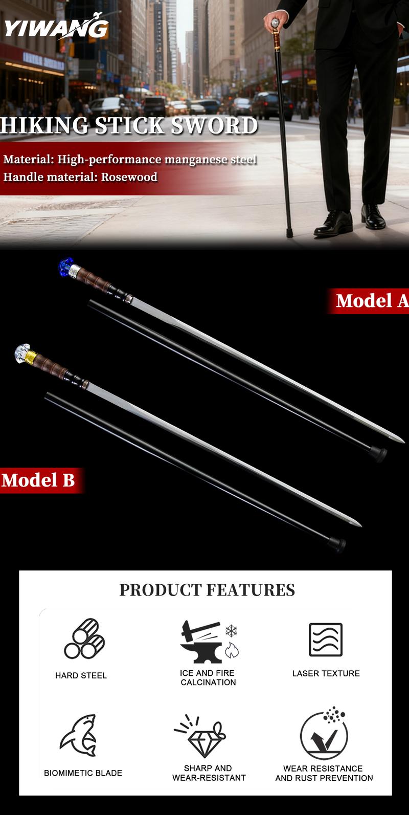 Authentic1060 High Carbon Steel Heat-Tempered Hand-Forged Blue Diamond Scepter - Multifunctional SwordCane With Unique Diamond-Shaped Handle, Stylish &Durable, Fashion Decorative Wand Gent Leman Elegant,Cosplay, The Best Gift