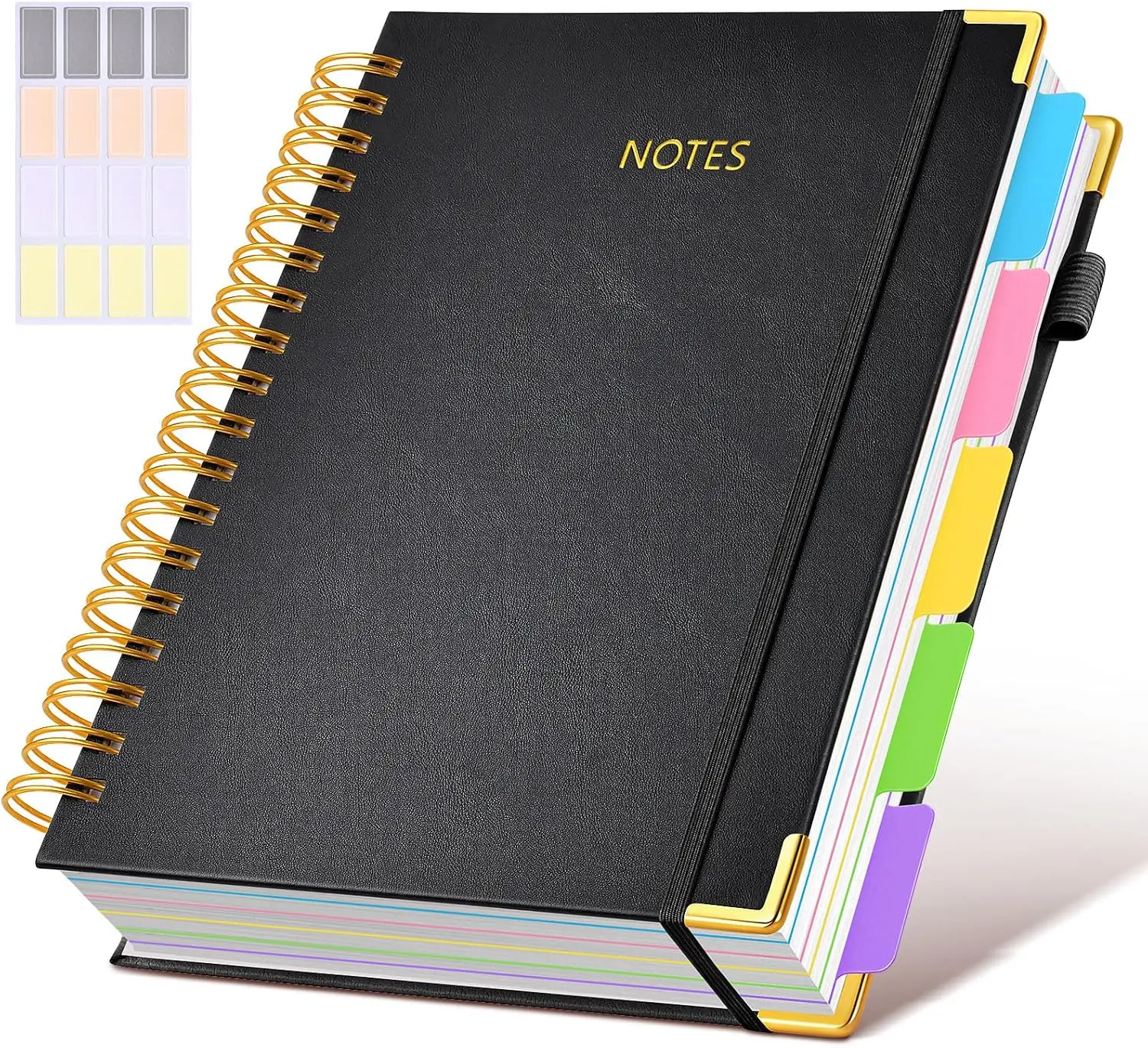 Hardcover Spiral Notebook Journal, 8"x10" Large B5 Notebooks with Removable Dividers Tabs, 300 Pages Leather 5 Subject Notebook College Ruled, Journal for Work School Note, 100 GSM Thick Paper,Black