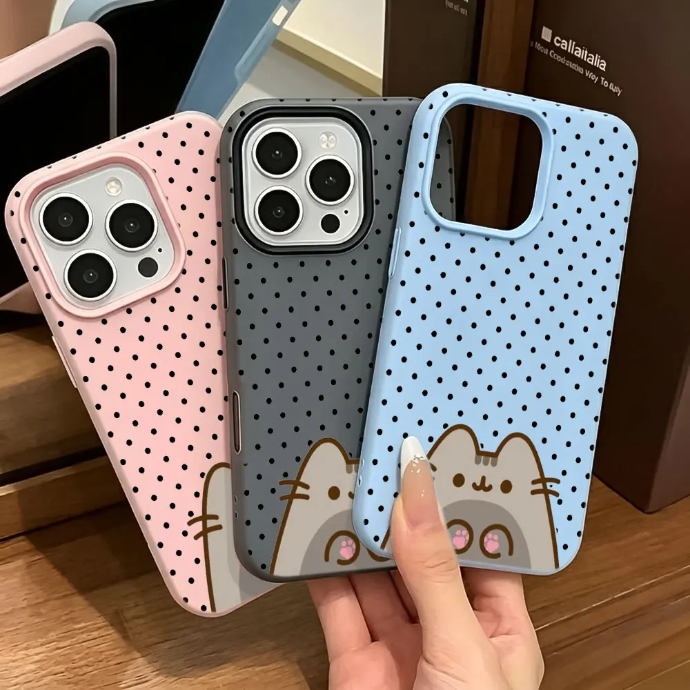 Kawaii Polka Dot Cat Smartphone Case for iPhone 12-17 Pro Max, Blush Pink Kitty Paws 2-in-1 TPU Hybrid Jelly Cover with Soft Shockproof Bumper, Fits iOS Devices, Phone Accessories for iPhone Series