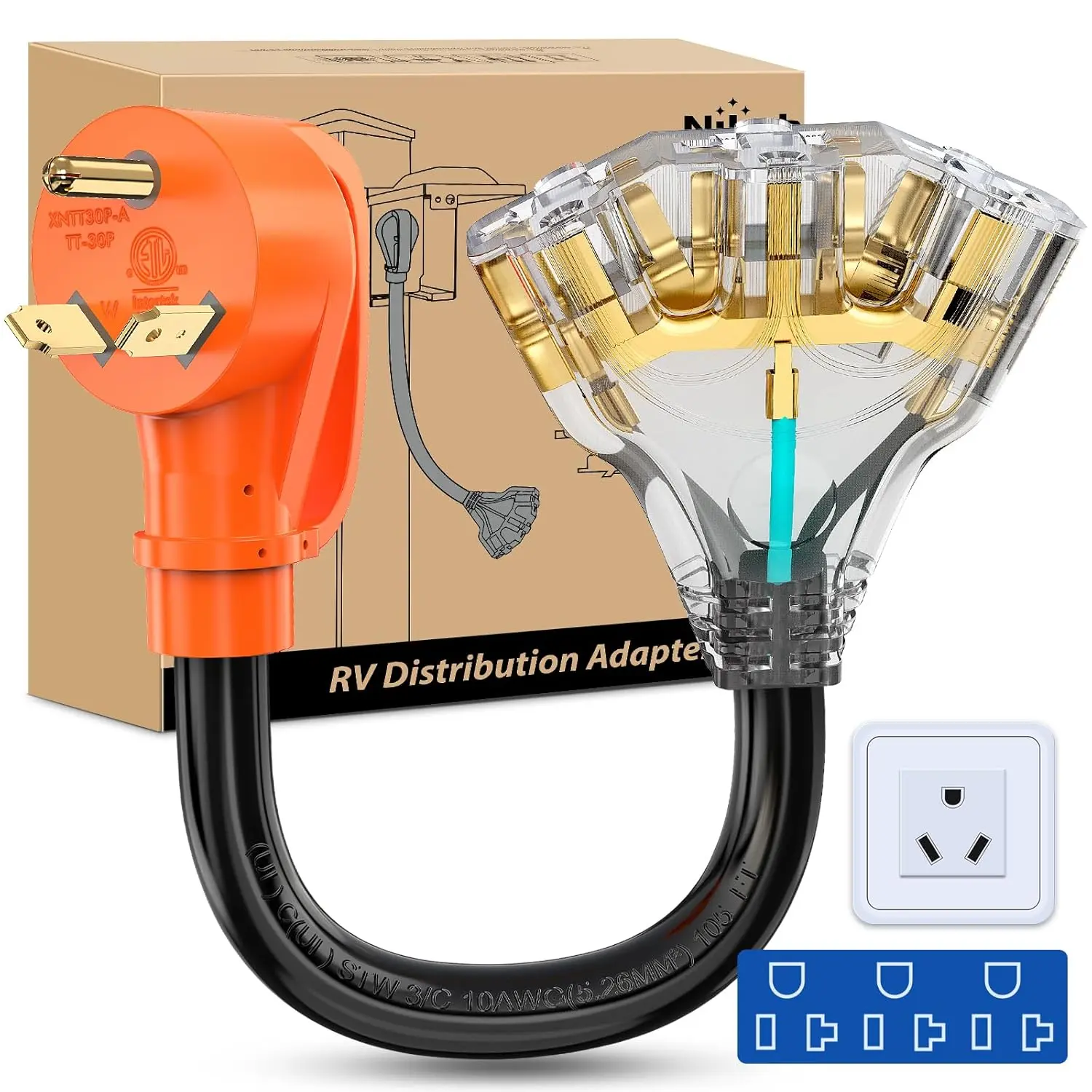 Nilight TT-30P-A NEMA TT-30P Male to 3x15A 5-15R/5-20R Females 30A to 110V RV Distribution Adapter Cord, ETL Listed, Outdoor Multi Plug, High Power Universal Socket, Adapter Plugs, Pure Copper, PVC Jacket Resists Wear, RV Camper Power Supply Accessory, Hi