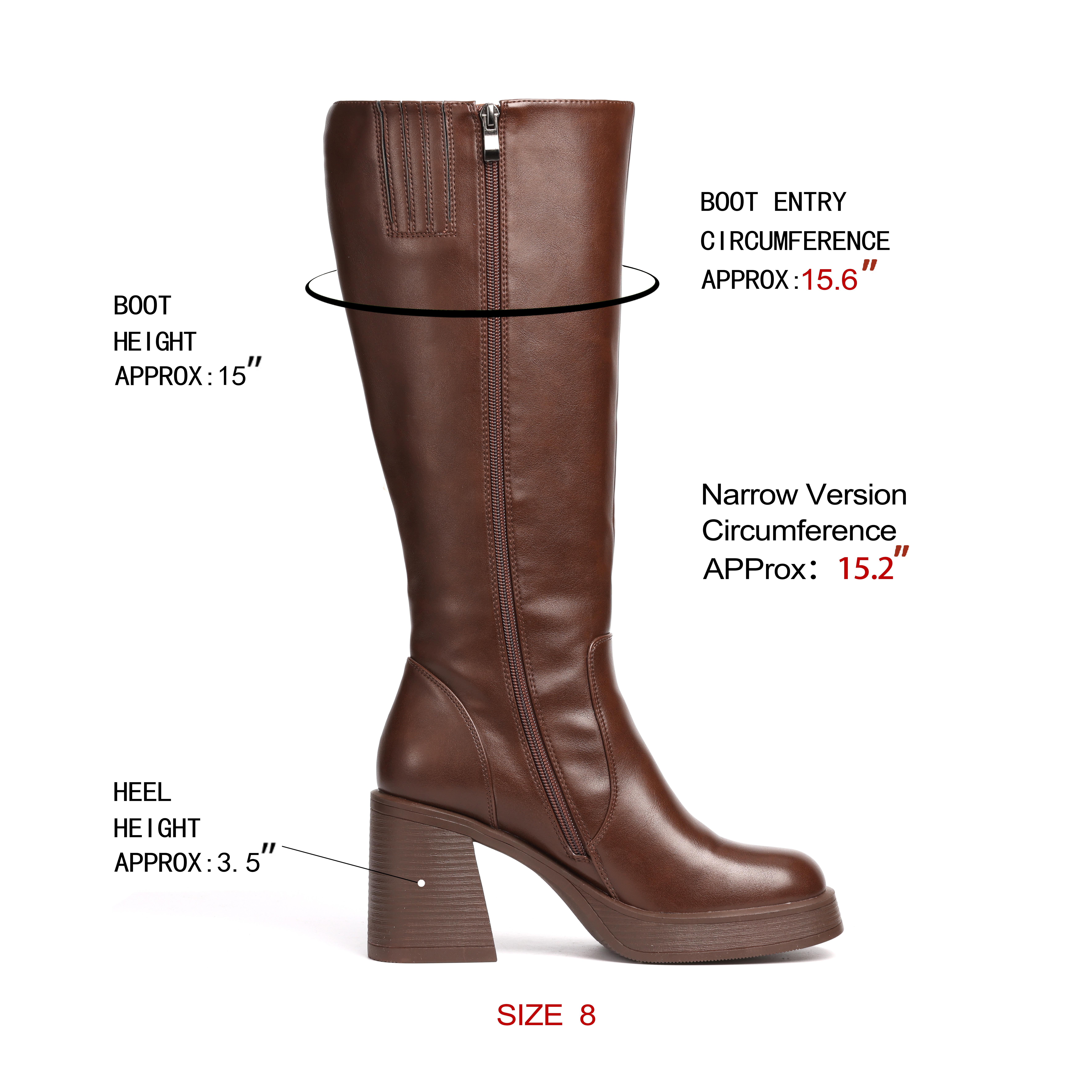 【New Colors】Knee High Boots for Women, Square Toe Chunky Block Heeled Platform Tall Leather Wide Calf Cogo Boots with Side Zipper Footwear Gir Walking Shoes Girl Comfort Fallfashion Brown Flatform