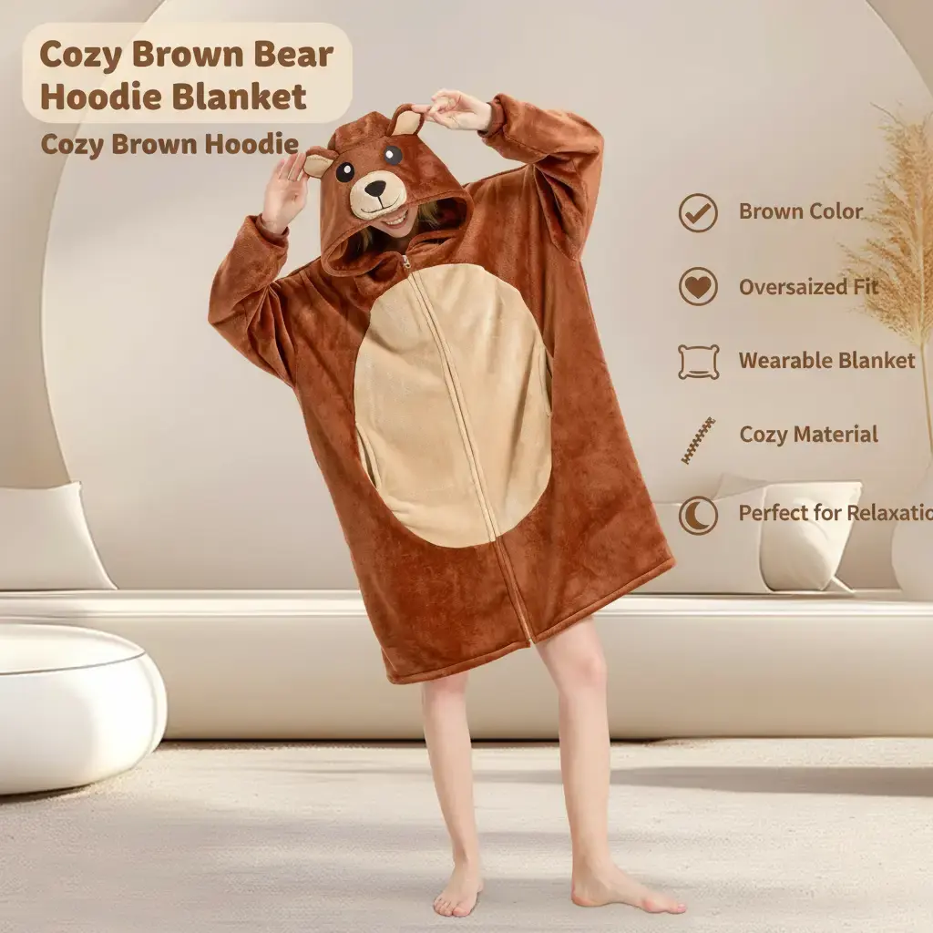 Women's Brown Bear Oversized Polyester Pullover Hoodie - Long, Cute Sweet, Cozy Wearable Blanket for Relaxation, Sleep