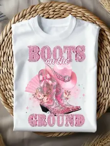 Women's Western Cowboy T-Shirt- Shiny Rhinestone Boots and Pink Boots Print, Solid Color Short Sleeve Round Neck Top, Suitable for Country Parties, Rodeos, Casual Wear- Breathable Spring Summer Outfit
