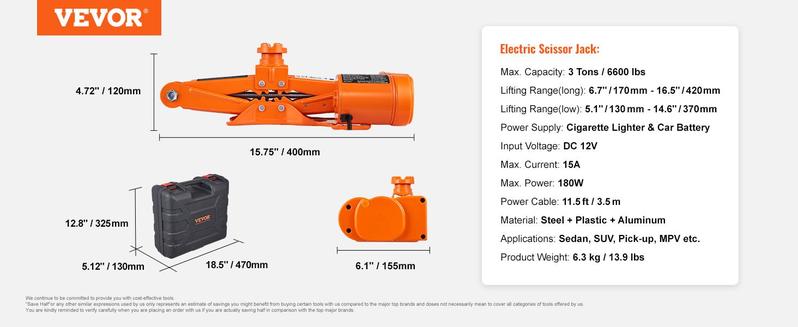 VEVOR Electric Car Jack, 3 Tons /6600 lbs Scissor Jack, 12V Electric Automatic Jack with Double Saddles and Remote Control, Portable Car Jack for Sedan, SUV, Truck Tire Change
