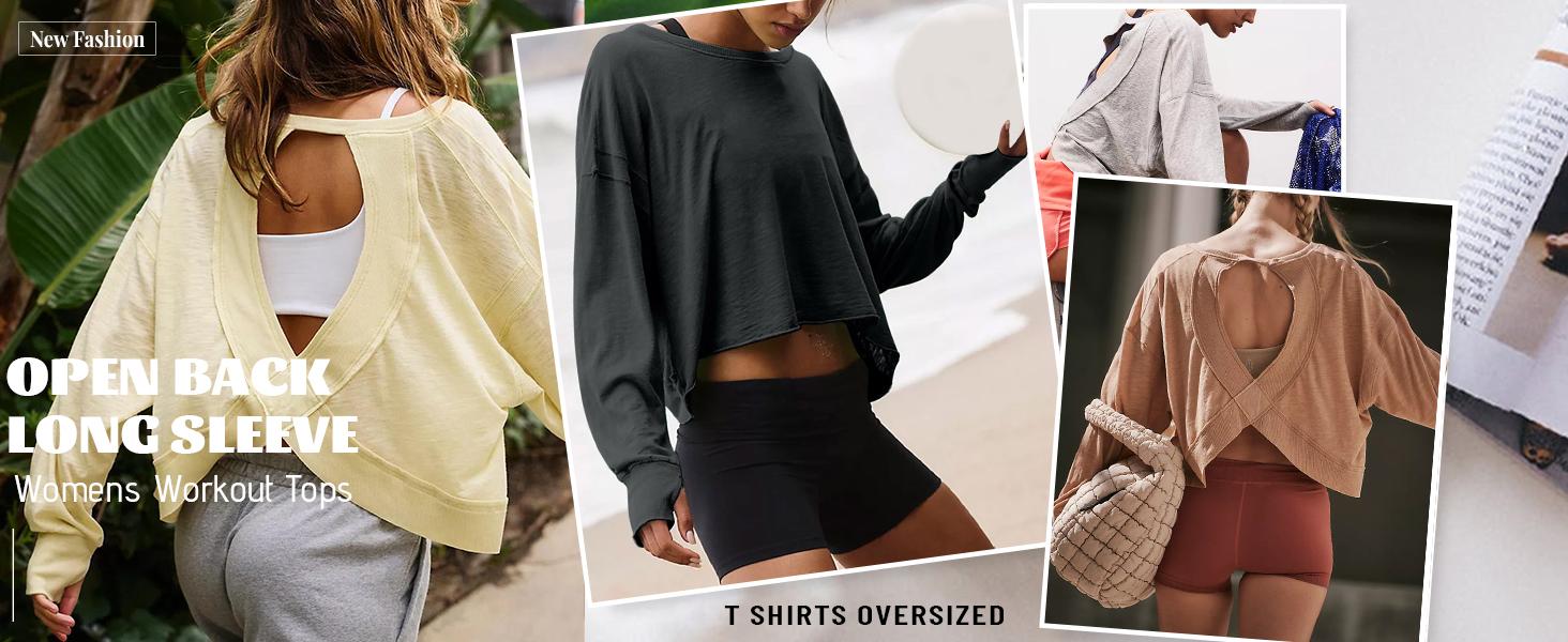 Ommig Womens Open Back Workout Top Long Sleeve Athletic Shirts Casual Crop Running Tee Y2k Yoga