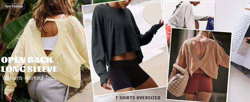 Ommig Womens Open Back Workout Top Long Sleeve Athletic Shirts Casual Crop Running Tee Y2k Yoga