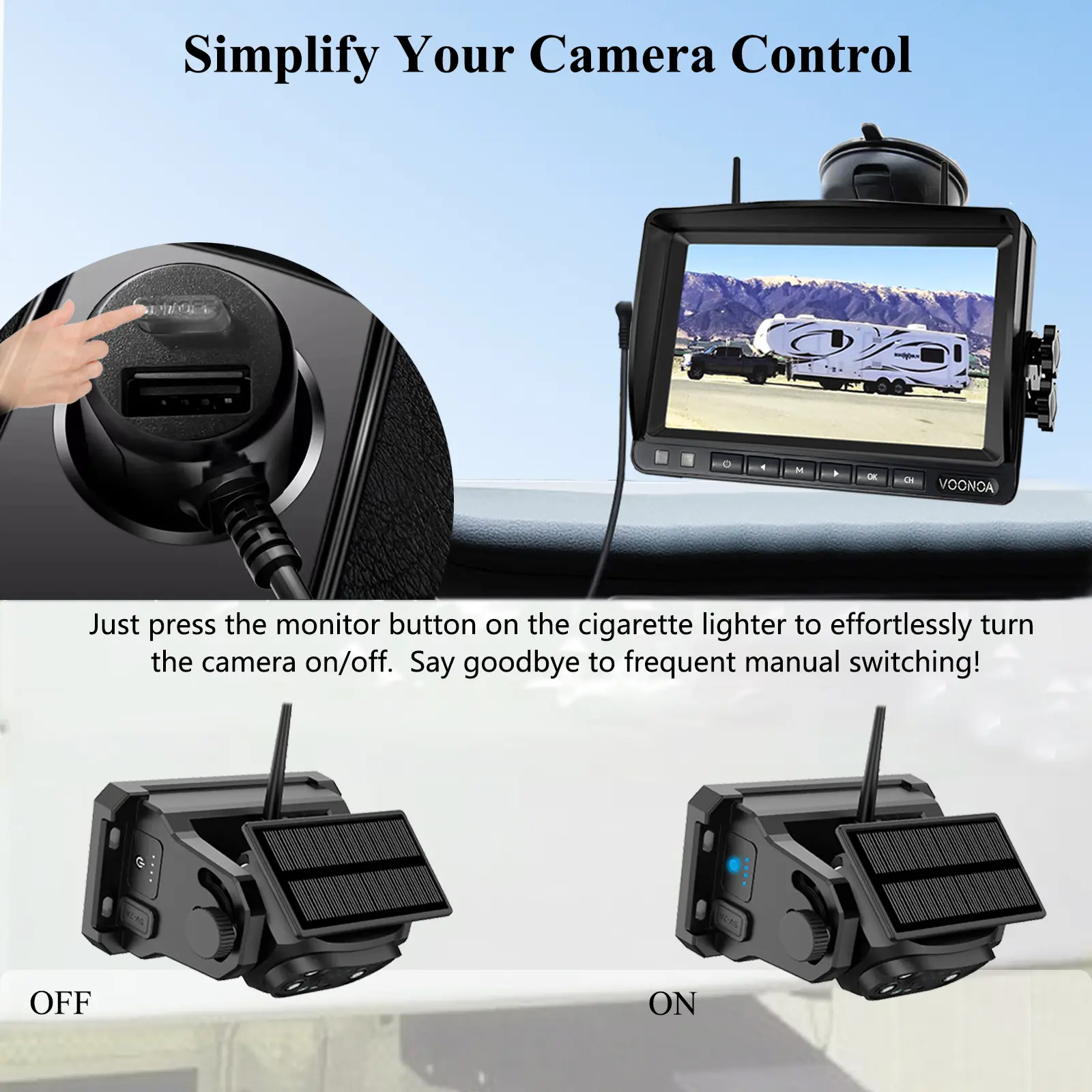 cigarette lighter backup camera VOONOA VN003 Magnetic Solar Wireless Backup Camera with 7-inch HD 1080P  Monitor,1500mAh No Wiring Rechargeable Camera，For RV,Trailer,Camper,Car,Truck,Camper,SUV,Crane  Blind Spot, For IR Night Vision, IP69 Waterproof,Driving Log,gifts farm