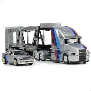 1/64 Scale Die-Cast Alloy Car Carrier Truck Set with Semi Tractor Auto Transport Trailer & Sport Car Collectible Model Gift for Adults Kids Silver Finish