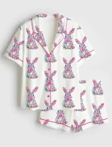 Women’s Sparkly Dazzle Bunny Coquette Spring Easter Short Sleeve Satin Pajama Set