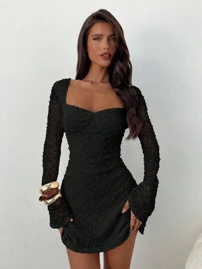 Aloruh Women's Elegant Square Neck Ruched Flare Sleeve Fitted A-Line Mini  Dress,Wedding Party Dress,