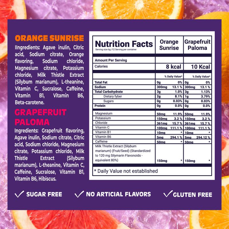 GrapeFruit Pre-party Power Hydration 3 On-The-Go Sticks with 150mg Milk Thistle, 3200mg Electrolytes, & 50mg Caffiene