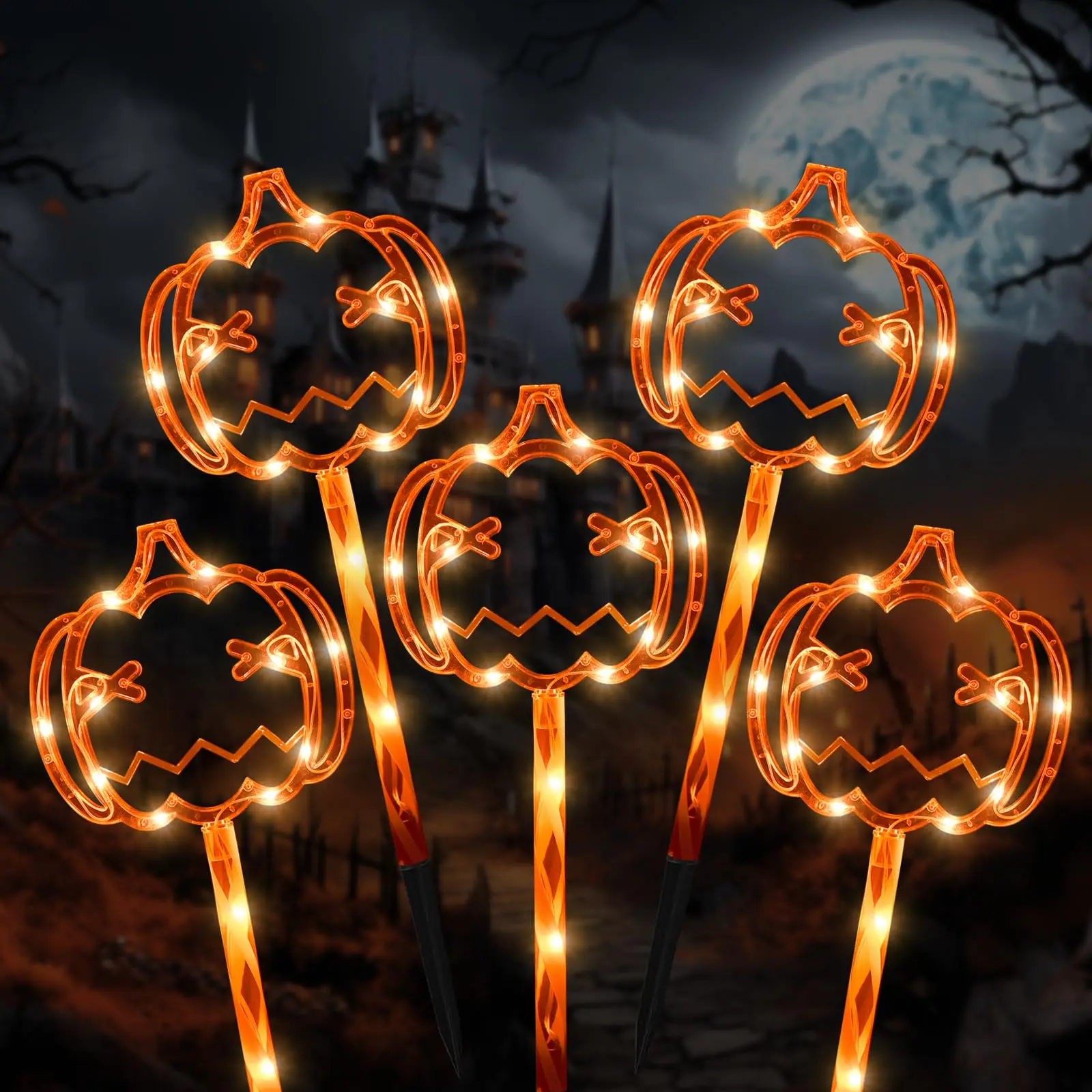 5 Pack Halloween Pumpkin Pathway Stake Lights | Battery Operated Jack O Lantern Walkway Lights with Timer | Waterproof Outdoor Glowing Decor for Lawn Driveway Yard Trick-or-Treat Path