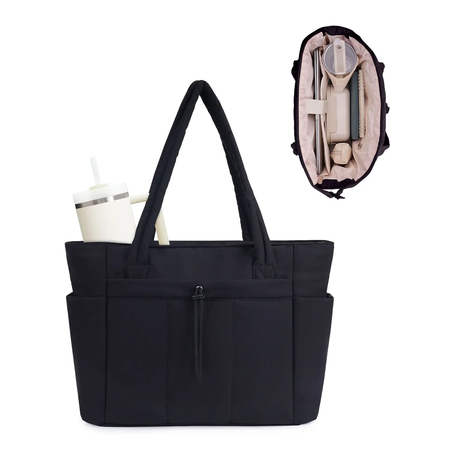 Wandering Nature Puffer Tote Bag for Women – Quilted Laptop Shoulder Bag with Cup Holder, Trolley Sleeve, and Multiple Compartments, Lightweight Travel & Work Nurse Bag Puffy Tote Bag Casual Shopping Bag,back to school,back to school haul
