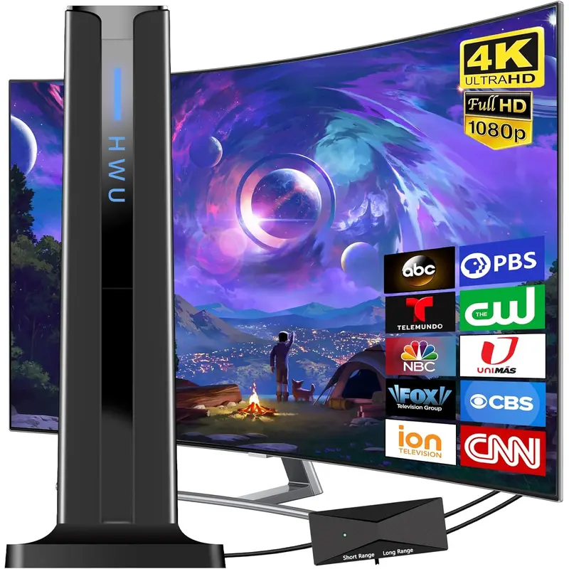 2025 HD Digital Antenna for Smart TVs - 5m Stick Base, 360° Reception, 120mi Long Range, 4K 1080P Local Channels (Univision, ABC, CBS, CW), Durable Crystal Black, Coax Cable-Free, Easy Setup, 50% Loss Reduction, 7*24 Online Service, Manufacturer Warranty