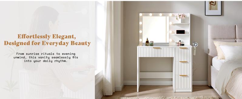 AMERLIFE 36.2/47.2" Fluted Vanity Desk with Mirror and Adjustable LED Lights, Large 4/7 Drawers Makeup Table with Glass Top and Charging Station for Women and Girls,,Best Gift Ideas/Christmas Gifts AMERLIFE 36.2/47.2" Fluted Vanity Desk with Mirror and Adjustable LED Lights, Large 4/7 Drawers Makeup Table with Glass Top and Charging Station for Women and Girls,,Best Gift Ideas/Christmas Gifts