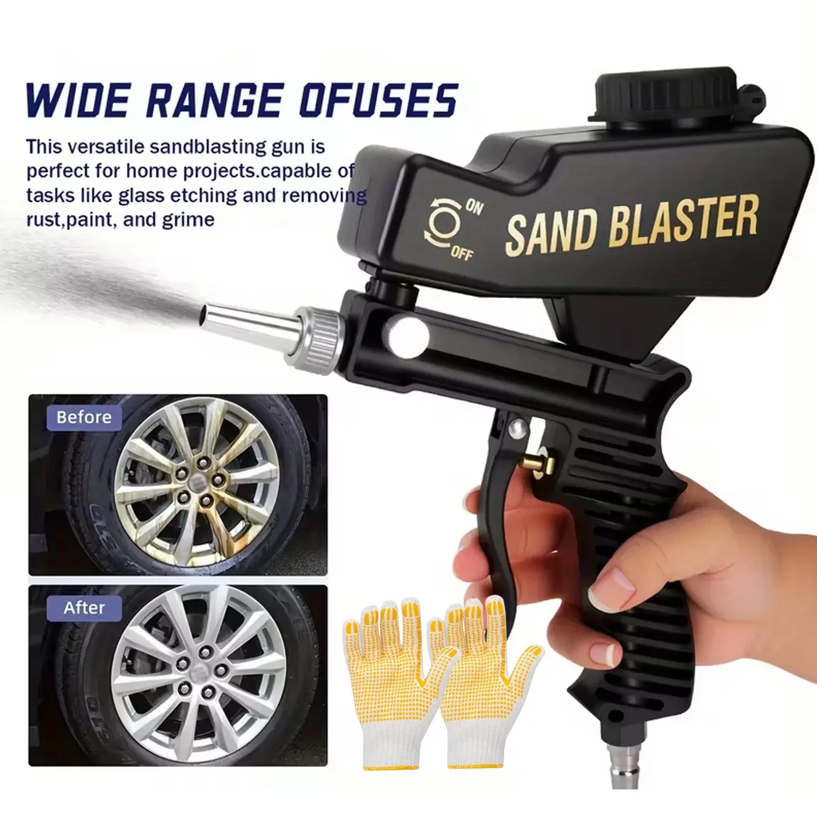 Compact Gravity Feed Sandblasting Gun - 70-150 PSI Air Compressor Compatible, Gravity Hopper Blasting Media Tool, Rust Removal for Metal/Wood/Glass Etching, Ideal for Auto Repair & DIY Home Projects, Unisex