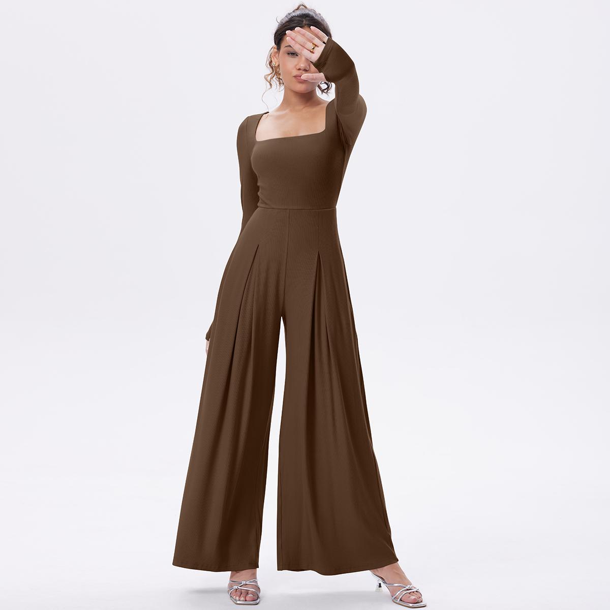 OQQ Women's Long Sleeve Square Neck Wide Leg Jumpsuit With Pockets Casual Fashion Lightweight One Piece Jumpsuits SpringStatements