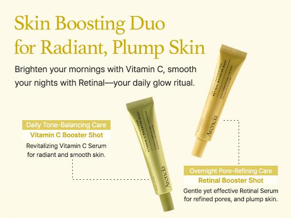 [Arencia Official] Booster Shot Skin Renewal Duo - Vitamin C & Retinal for Day And Night Brightening, Pore Minimizing, Moisturizing, and Fades Dark Spots | 1.01 fl oz + 1.01 fl oz