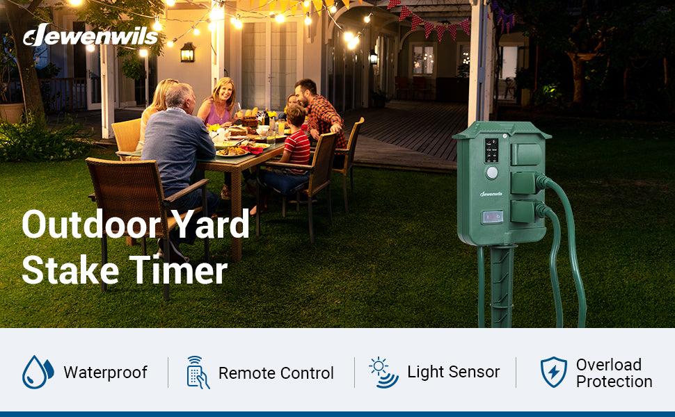 DEWENWILS Outdoor Power Stake Timer Waterproof, 100FT Wireless Remote Control, 6 Grounded Outlets, 6FT Cord, Photocell Dusk to Dawn for Outdoor Lights, outlet extender, remote switch, outdoor plug, Sprinklers, Retractable Hose Reel, Sensor Garden-HOYS16D1