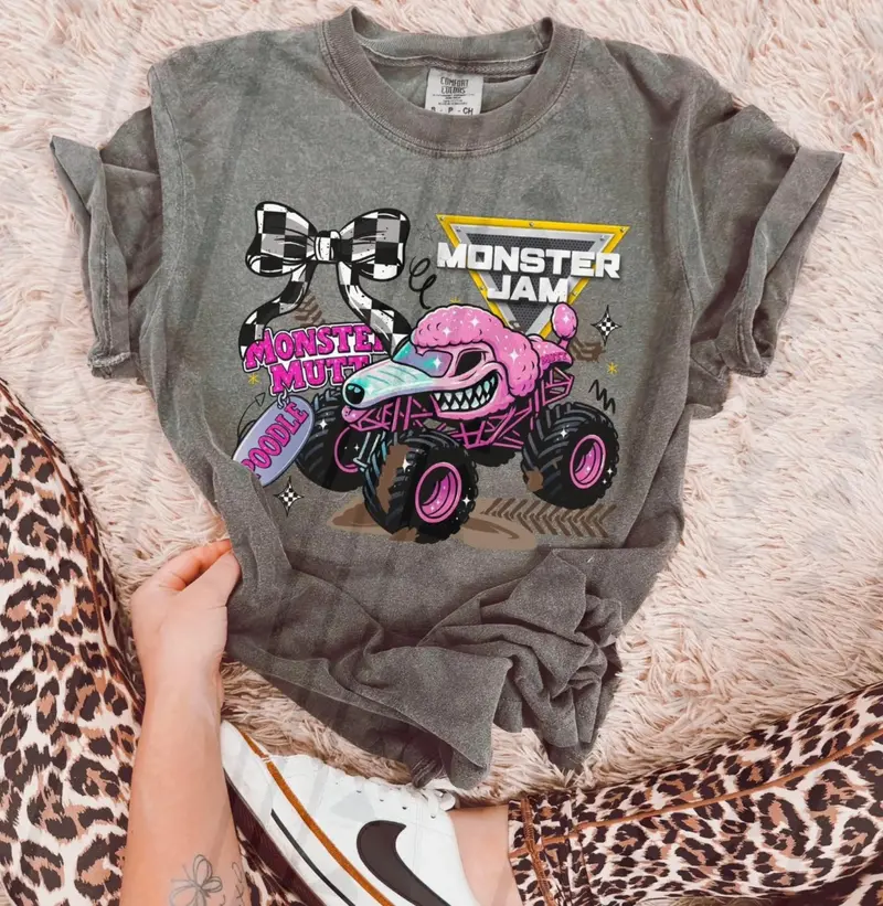 Mutt Poodle Monster Jam Comfort Colors T-Shirt, Cute Monster Truck Racing Graphic Tee with Checkered Flag Bow and Fun Off-Road Style