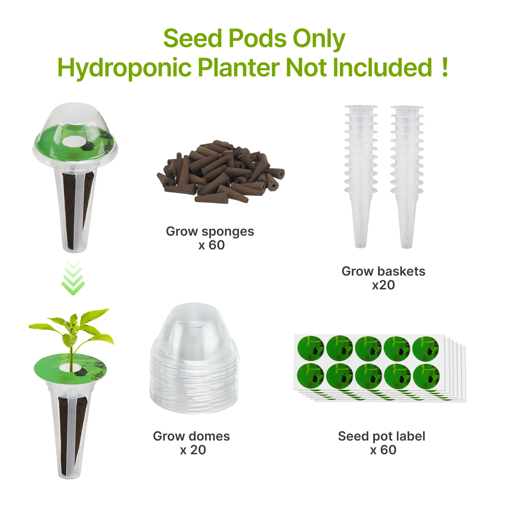 SUNCOZE 160pcs Hydroponic Pods, Accessories Compatible with Suncoze & Other Hydroponics Growing Systems, Gardening Supplies Garden Pods Include 60 Grow Sponges, 20 Grow Baskets, 20 Domes, 60 Labels tiktokshopbacktoschool