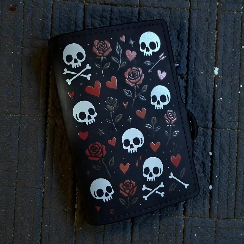 Skulls and Roses PU Leather Wallet Gothic Black Bifold with Hearts Skulls & Red Roses Alt Punk Aesthetic Gift for Him/Her RFID Blocking Design