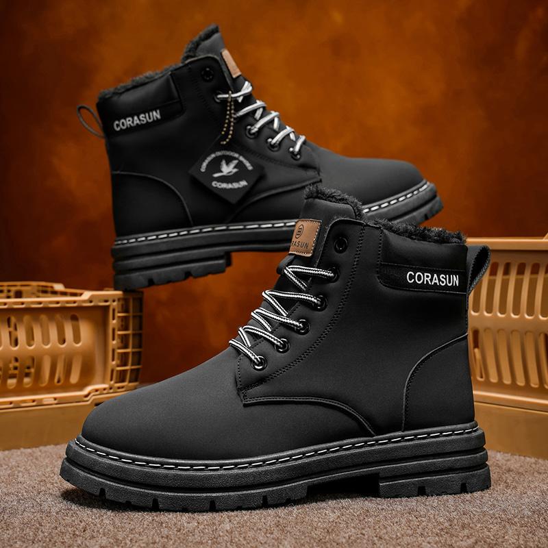 CORASUN 2025 US multi warehouse shipment for autumn and winter men's mid top sports and leisure shoes with fleece snow boots, anti slip work boots, leather covered outdoor boots, fashionable motorcycle boots