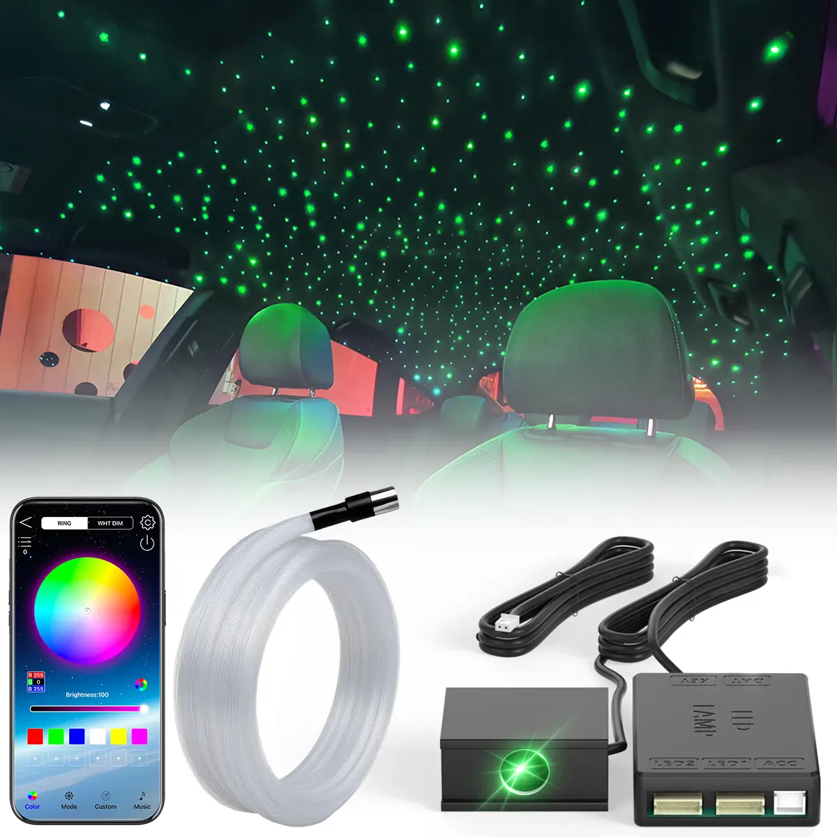 Split-Type RGBW Fiber Optic Starlight Headliner Kit, 16W 12V DC Car Ceiling Light with APP & 24-Key Remote Control, 300 Pcs Fiber Optic Cable, DIY Vehicle Interior Ambient Lighting