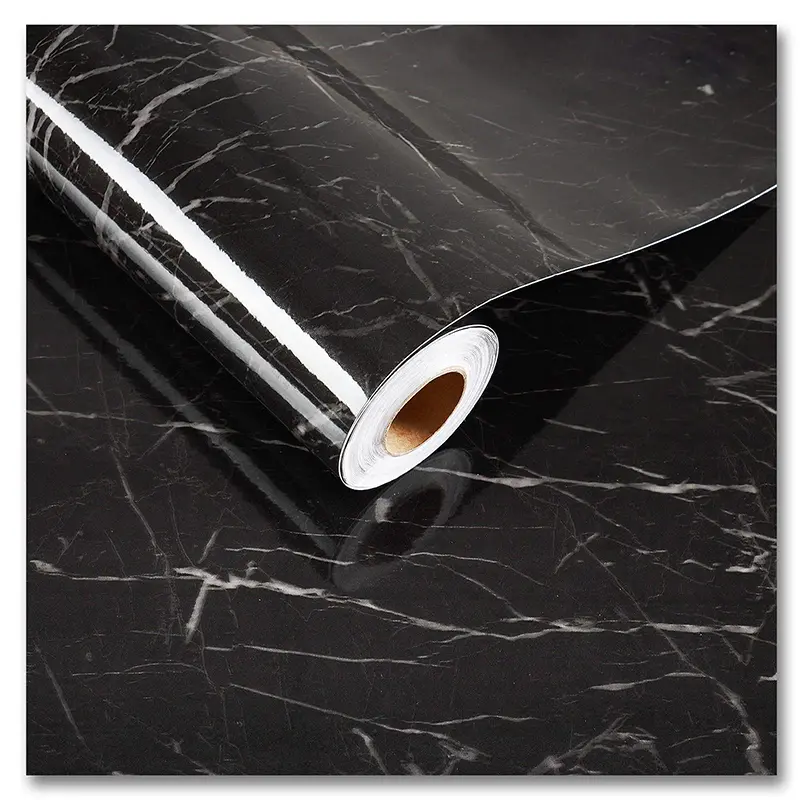 Glossy Marble Contact Paper - Granite Black/White Decorative Wallpaper, Thick Removable Peel-and-Stick Vinyl for Cabinets/Kitchen, Works on Countertops, Cabinets, Walls, Marble Backsplash Wallpaper for Furniture Refurbishment, Removable for Fresh Looks