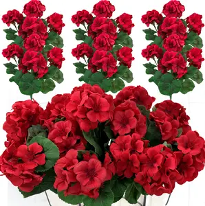 8 Bundles Red Artificial Geraniums 13.77 Inches UV Resistant Plastic Fake Flowers for Outdoor Hanging Planters Porch Window Indoor Home Decor Decorative