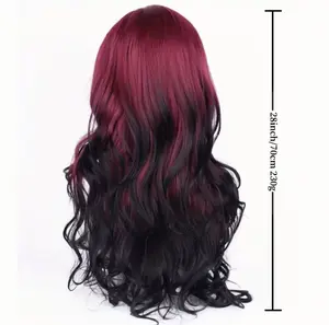 28" Long Wavy Ombre Burgundy Red & Black Wig with Bangs for Women, 280g High Density Thick Synthetic Hair, Heat Resistant Natural Looking Full Machine Made Wavy Wig with Rose Net for Daily Party Cosplay