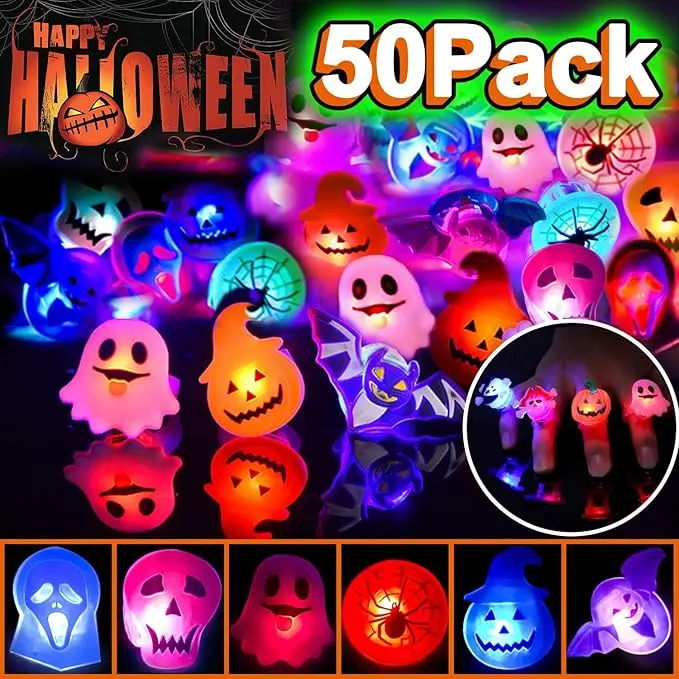 Summer Spring Gift 50pcs Halloween LED Rings, Halloween Party Favors Glow in the Dark Party Supplies, Light Up Rings Perfect for Trick or Treat Gifts