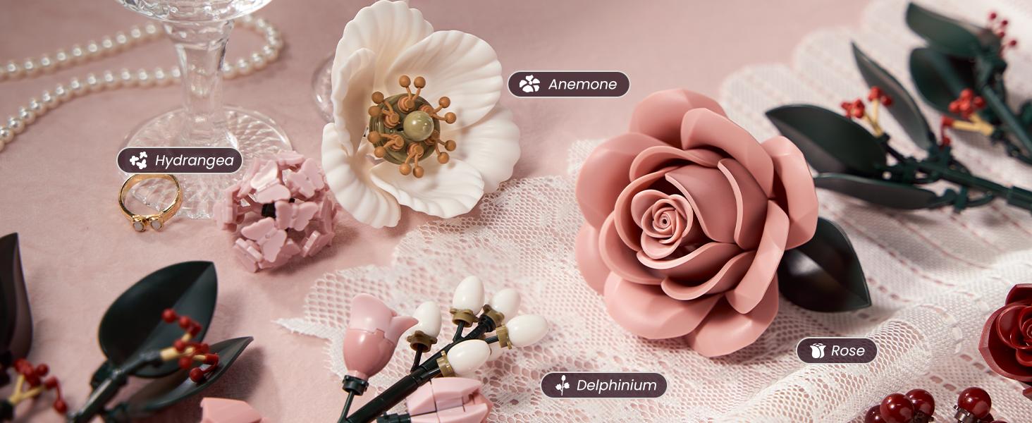 Supreowls Elegant Pink Rose Flower Building Set, Artificial Flowers Botanical Collection Kit for Adults Women & Men – Mother's Day Gift, Valentines Day Gift, Home Room Office Shelf Centerpieces Decor