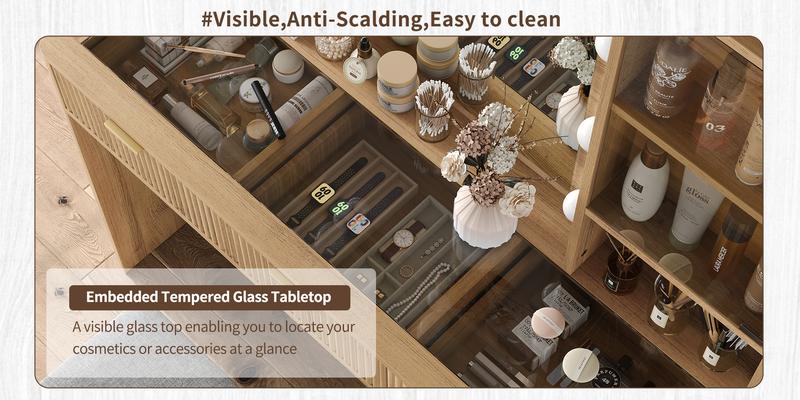 FUSOU [ Valentine's Day ] 47'' W Fluted Vanity Desk, Makeup Vanity with Power Oultlet, 7 Drawers Vanity with 10 LED Lights and Mirror, 3 Lighting Modes Adjustable, Glass Top, Vanity with Chair for Bedroom, Natural