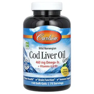 Carlson Wild Norwegian, Cod Liver Oil Gems, Natural Lemon, 150 Soft Gels