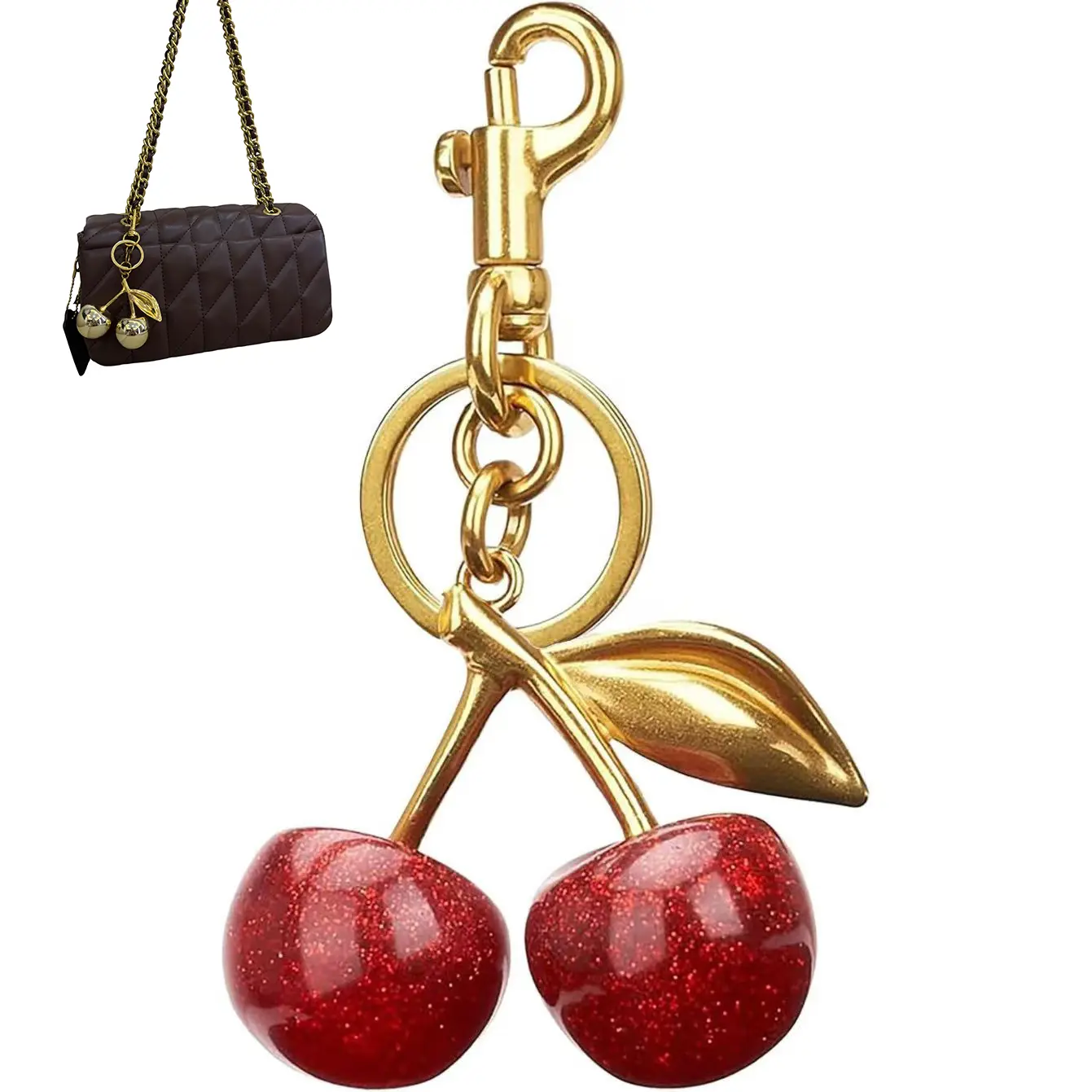 Cherry-Shaped Bag Charm & Keychain, Gold-Tone 2-in-1 Set with Wallet for Women - Birthday or Anniversary Gift Ideas, Birthday Gift Ideas, Female, Keychains For Women, Red Cherries, 2-In-1 Accessory Set, Playful Look, Bag Charm Styling, Keychain Charm