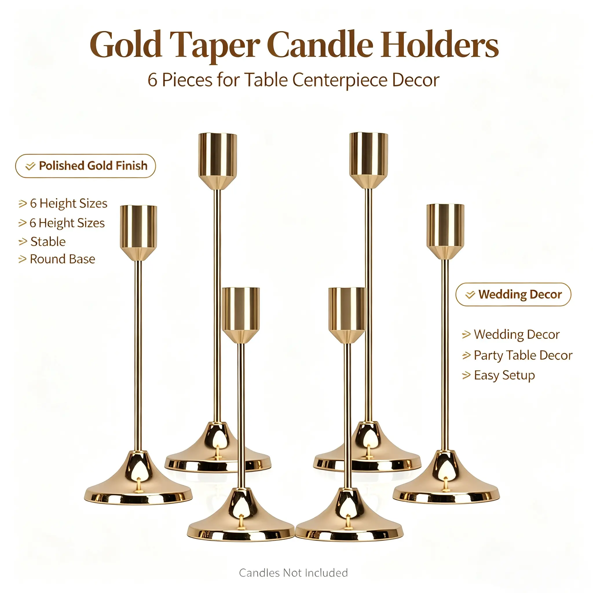 6-Piece American Retro Tapered Candle Holder Set - Light Luxury Gold Metal Decorative Home Accessory, Indoor Event Table Centerpiece, Christmas Decor (Candles Not Included)