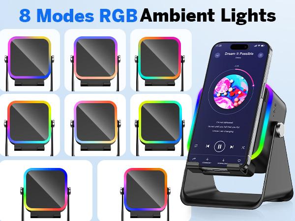 Wireless Induction Audio Speaker Stand, 5in1 Cellphone Holder, 3500mAh Rechargeable Emergency Power Bank,360° Adjustable Mobile Tablet Stand with Colorful Ambient Light Gifts for Men Women
