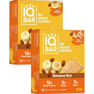 IQBAR Plant Protein Bars - Brain & Body Nutrients for Focus, Energy, Meal Replacement, Banana Nut - 24 Count