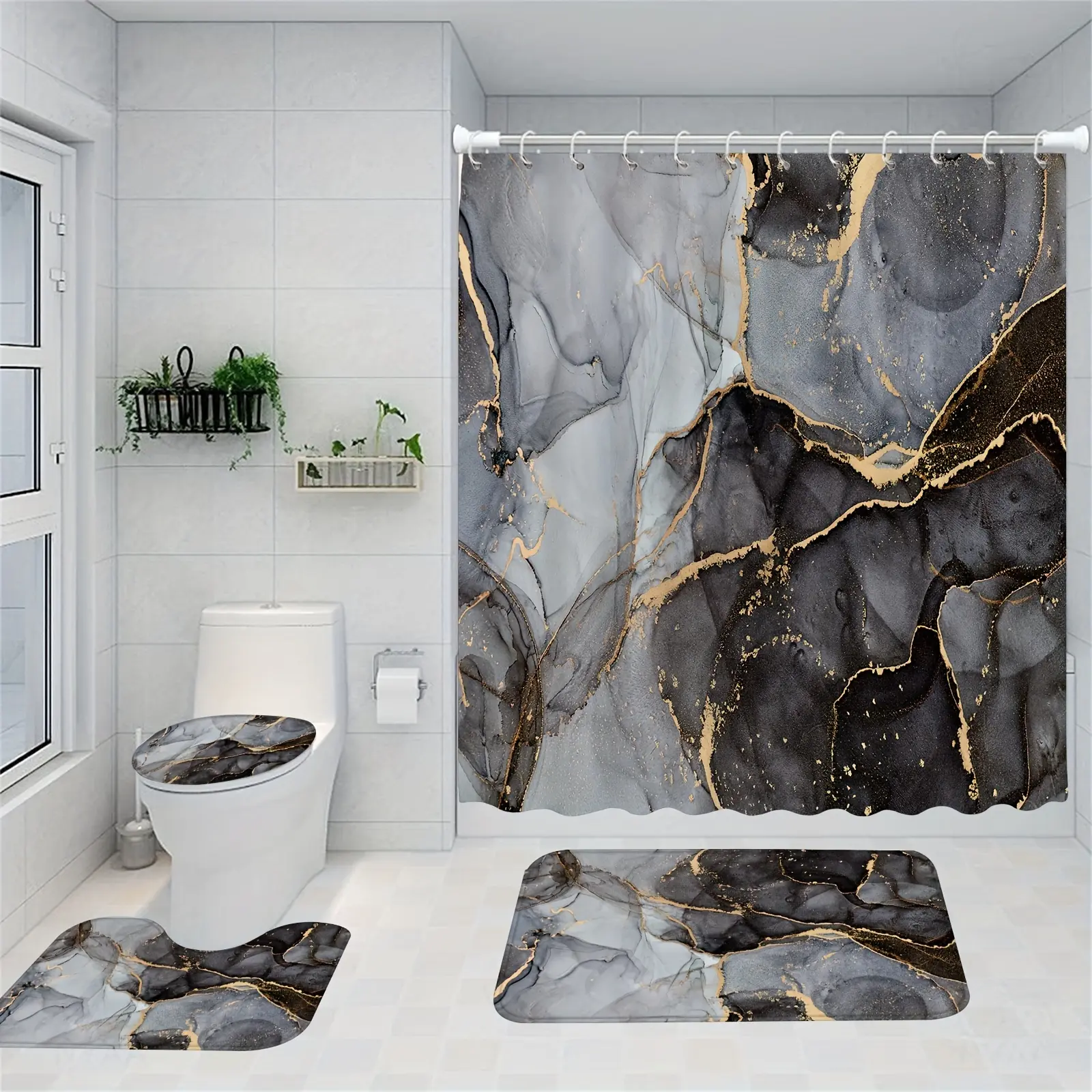 HOT 1/4pcs Luxurious Marble Pattern Bathroom Essentials Set - Waterproof Golden Textured Shower Curtain with 12 Rust-Resistant Hooks  U-Shaped Non-Slip Mat  Toilet Cover Mat  L-Shaped Mat  and Aesthetic Bathroom Accessories for a Stylish Bathroom Dec