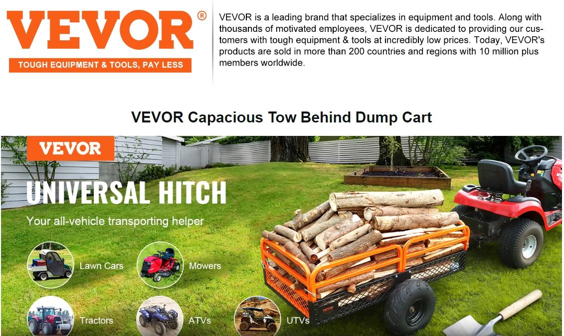 VEVOR Heavy Duty Steel ATV Dump Trailer, TikTokShopBlackFriday, 1500-Pound Load Capacity 15 Cubic Feet, Tow Behind Dump Cart Garden Trailer, with Removable Sides and 2 Tires, for Mowers, Tractors, ATV, UTV