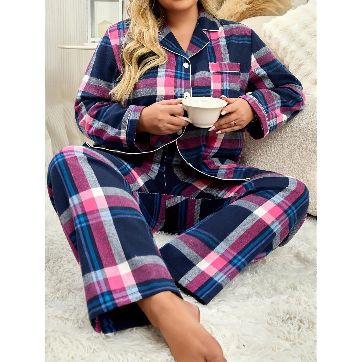 Women's Plus Size Checkered Home Wear Pajama Set - Purple and Pink