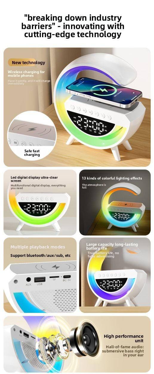Multifunctional Atmosphere Night Light with Bluetooth Speaker Alarm Clock & Wireless Charger for Bedroom Bedside Speaker Ideal for Students Men