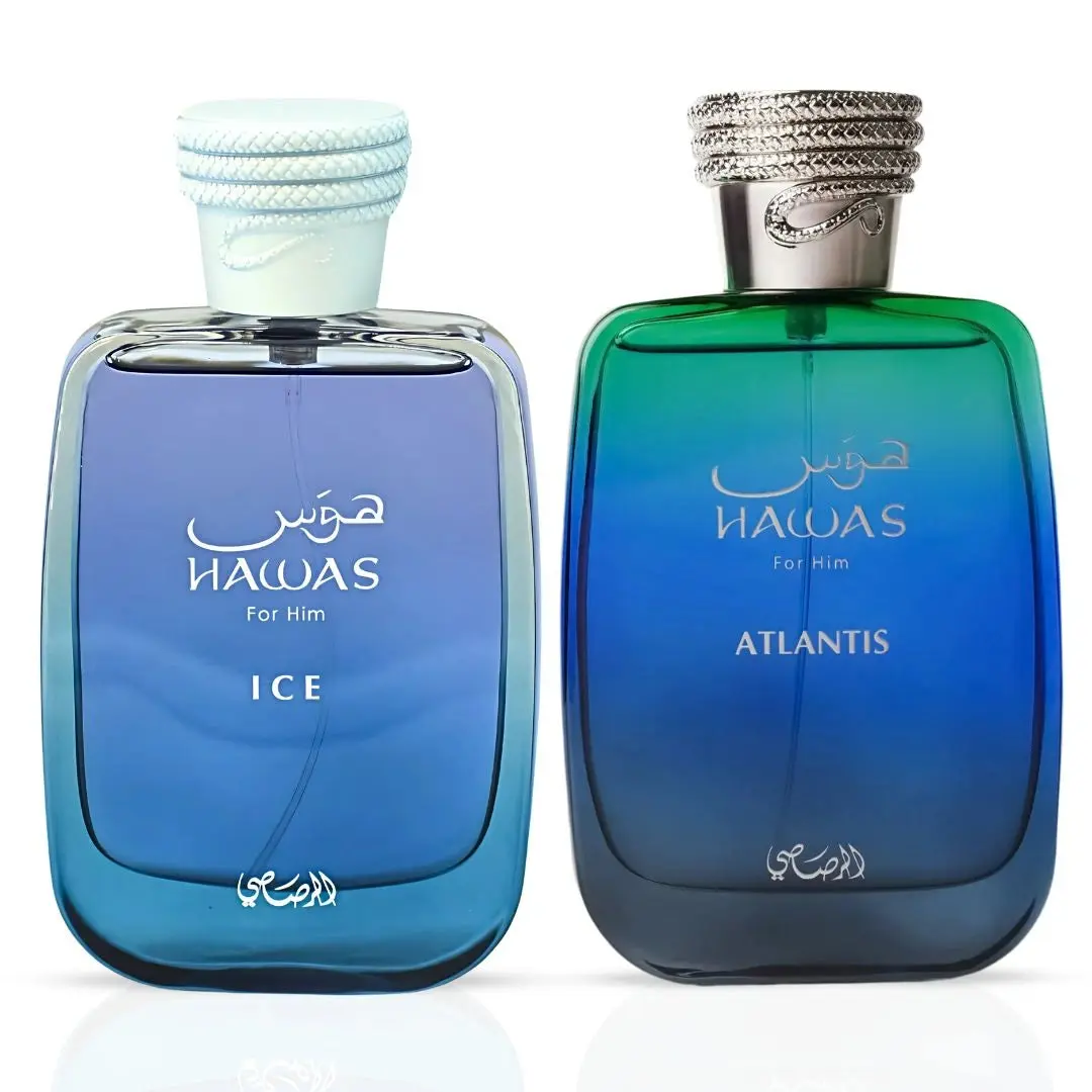 Hawas Ice for Him & Hawas Atlantis Eau de Parfum Sprays 100ml (3.4 oz) by Rasasi (Bundle)