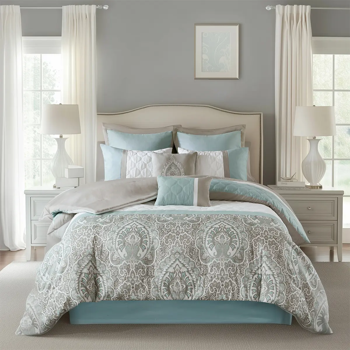 Luxe 8-Piece Luxury Aesthetic Queen Bed Comforter Set - Bedding Set with Transitional Design, Pieced Quilted Details, Partial Damask Print, Microfiber Comforter & Shams, Embroidery Detail, All-Season Use