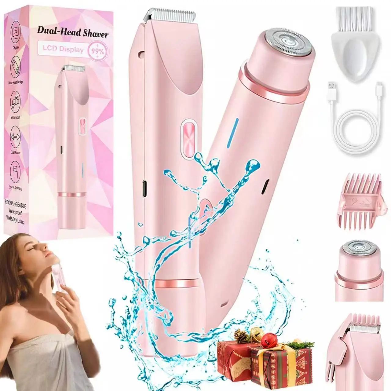 DEBARK Women's 2-in-1 Cordless Electric Shaver & Bikini Trimmer - Ceramic-Titanium Blades, 10000RPM, IPX7 Shower-Safe, USB Rechargeable, Travel-Size Lightweight Removable Hair Removal Tool, Gentle Shave, Beauty Products, Gift Set for Women