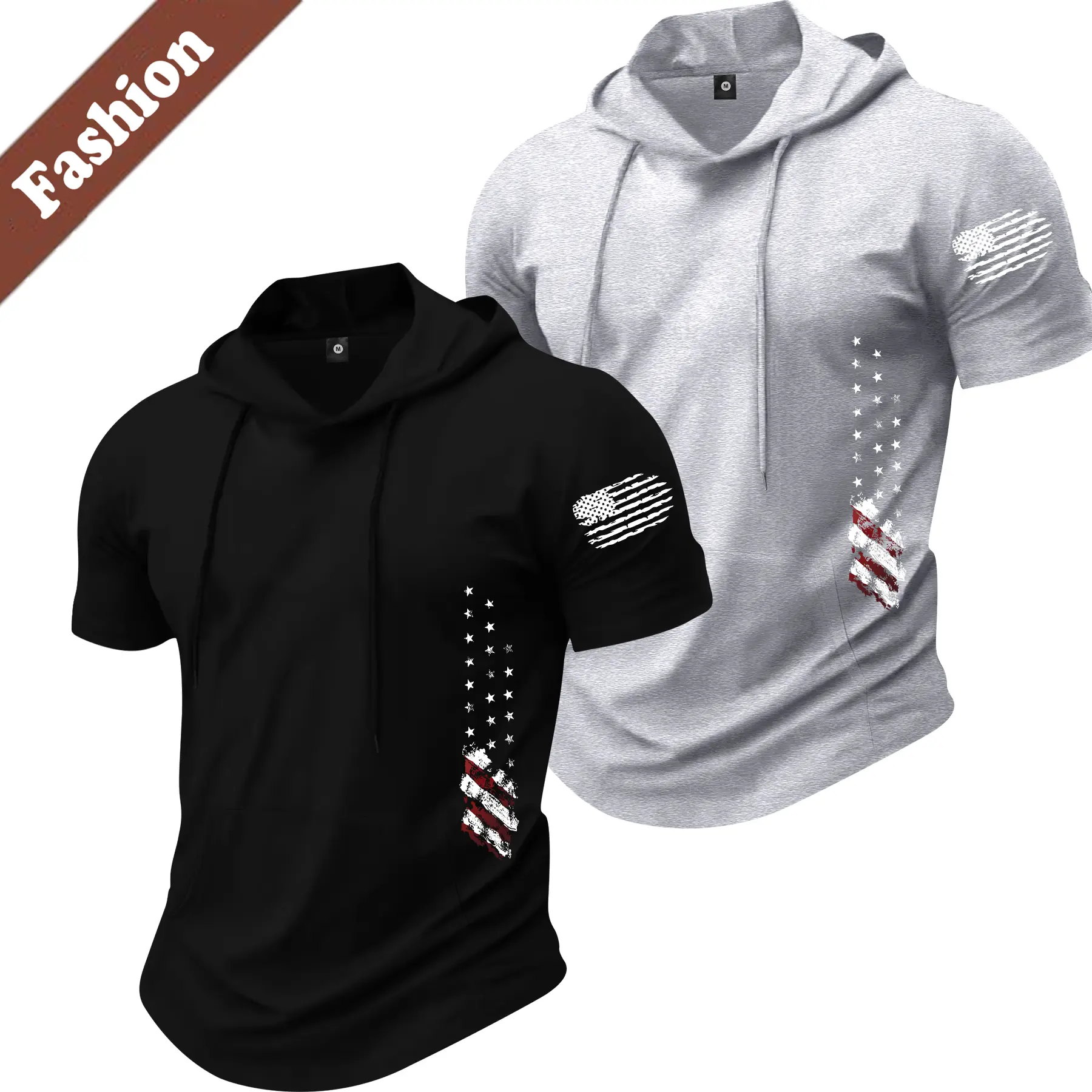 Men's 2-Piece Casual Athletic Hoodie Set - Trendy Street Style, Short-Sleeve Hooded T-Shirt with Flag Graphic, Personalized Design, Breathable Premium Fabric, Suitable for Outdoor Activities, Dating, Mens Clothing
