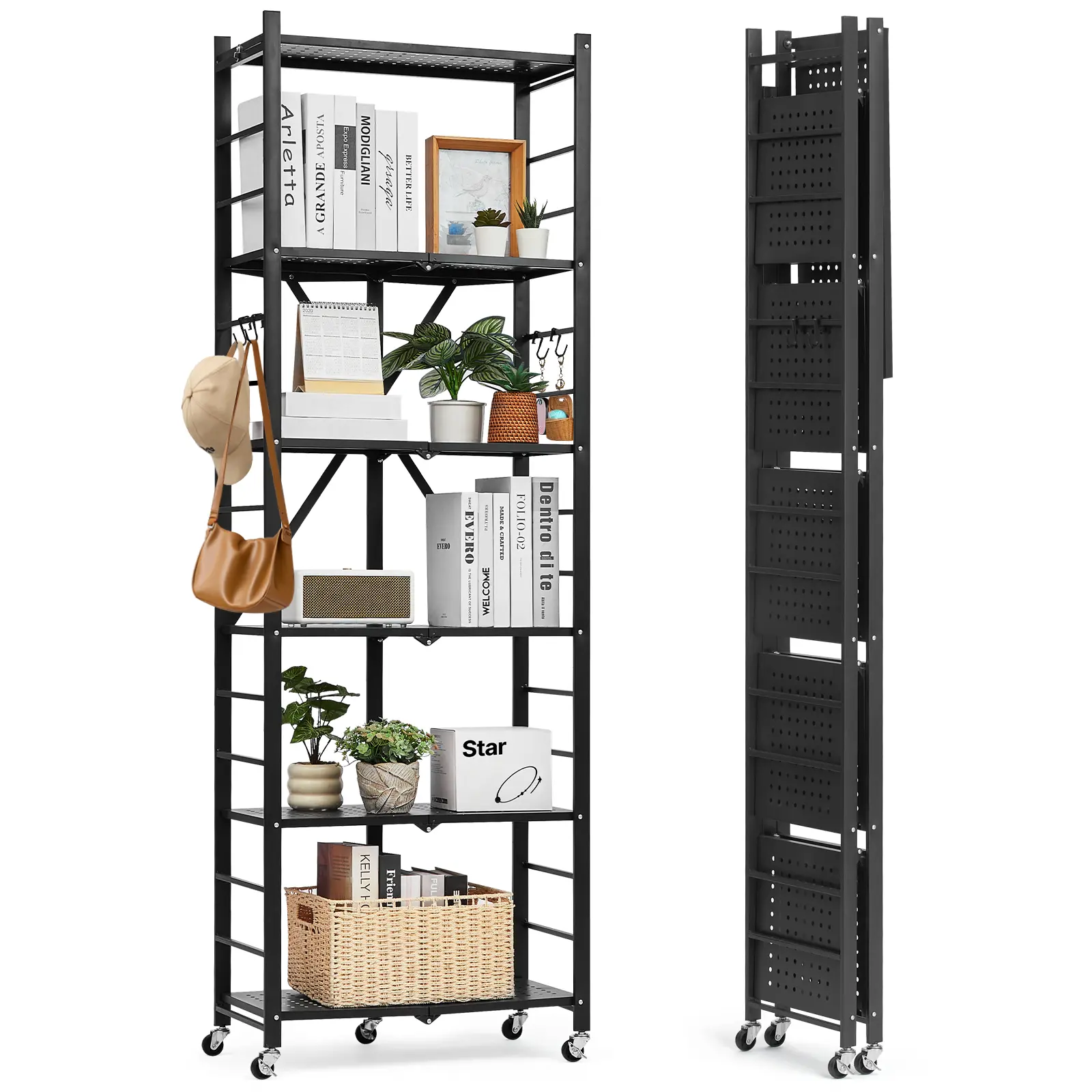 【summerfinds】VEVOR 6-Tier Carbon Steel Collapsible Storage Shelf, 24W x 12D x 72H in Foldable Rack with Switch, No-Assembly Organizer, 5 Wheels, 4 Hooks, Detachable Support Ft, Collapsible System for Garage Organization, Pantry, Exhibitions, Display Rack